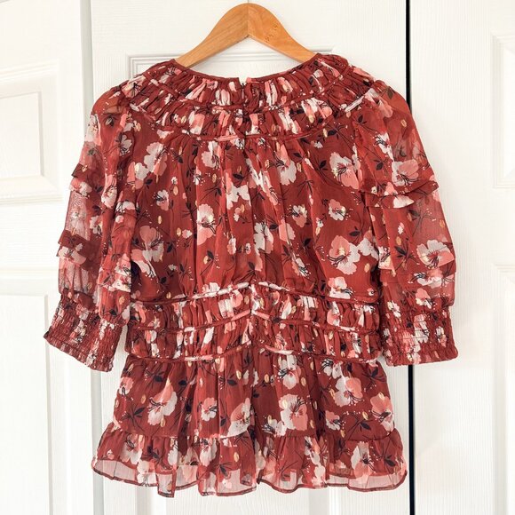NWOT Walter Baker Red Floral Ruffle Blouse Sheer Long Sleeve Top Size Large - Picture 5 of 9